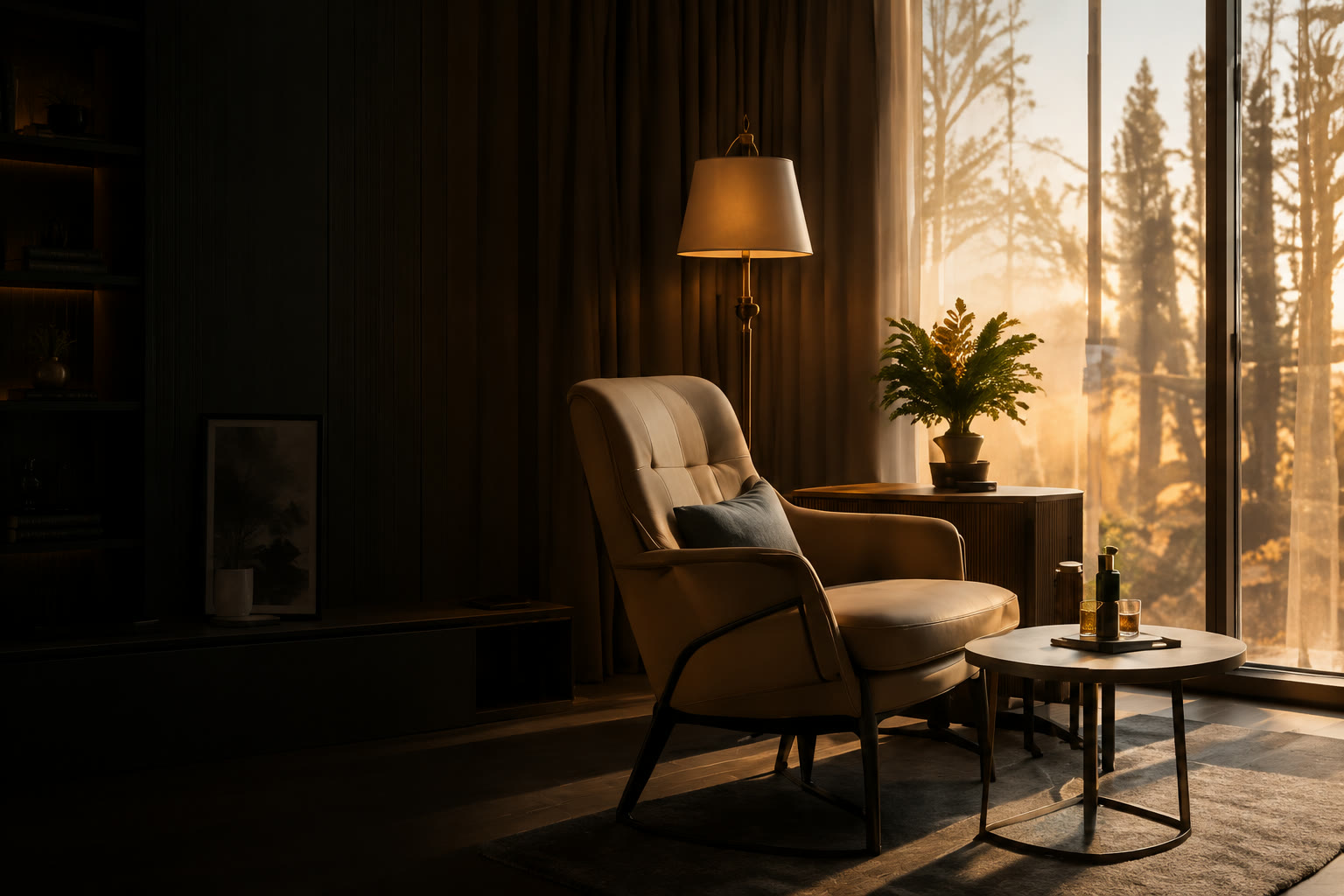 Cozy armchair beside a lamp and a forest-view window at sunset
